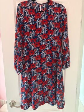 Blue Floral Midi Dress with Red Blossom Print